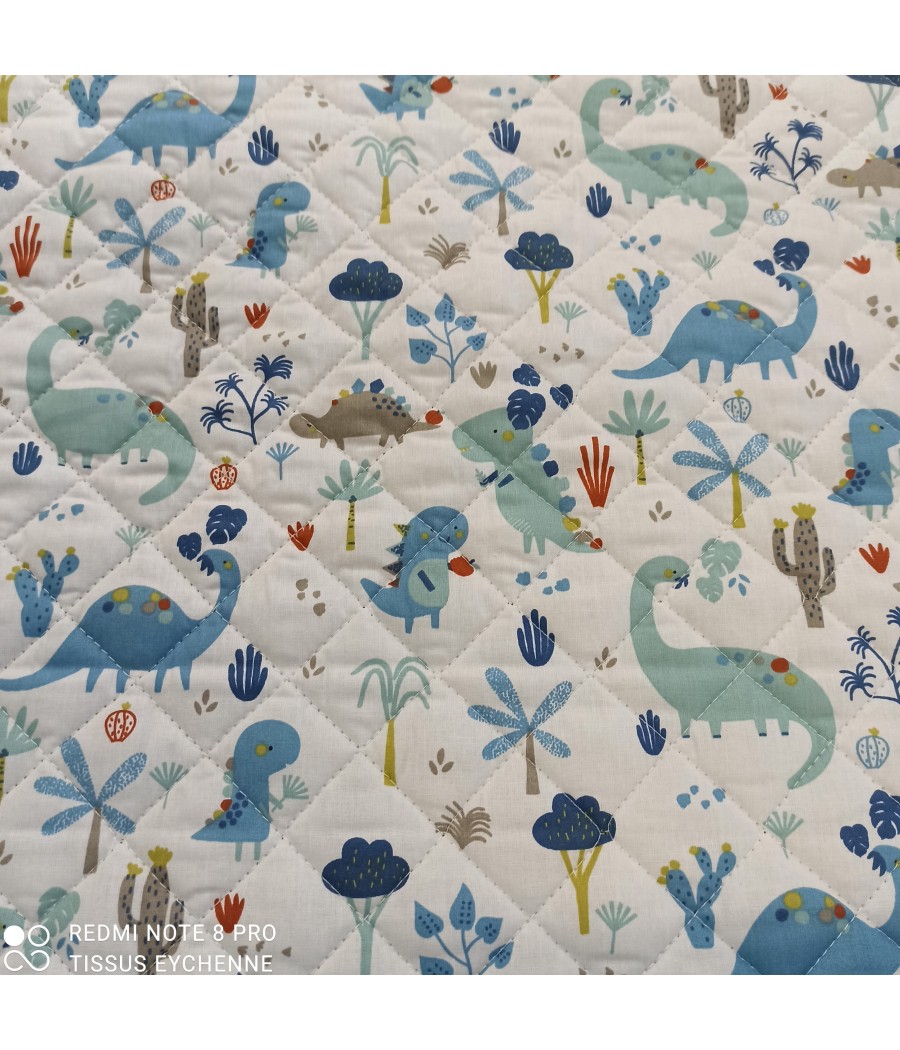 Tissu coton matelassé double face - Dyno Jurassic bleu